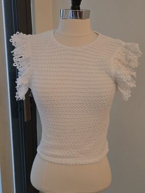 Zara White Crochet Ruffle Sleeve Crop Top Size M